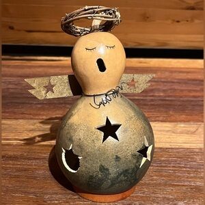 Rustic Adorable Dried Gourd Singing Angel Figurine Christmas Folk Art 7.5" Tall